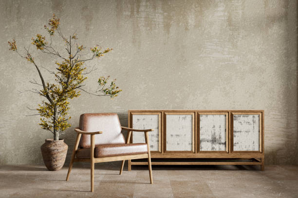 istock Empty wall mock up in modern rustic interior. Rustic interior with old and damaged wooden furnitures. 3D illustration 2170343072