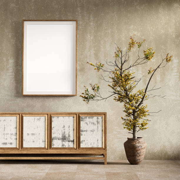 istock Mock up poster frame in modern rustic interior. Rustic interior with old and damaged wooden furnitures. 3D illustration 2170343223