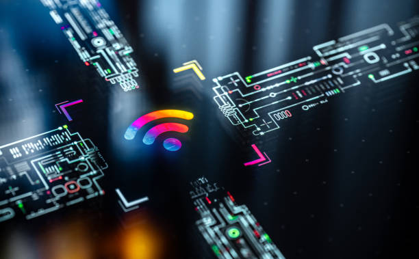 istock Wifi symbol on digital display. Wi-Fi processing unit. Evolution of ultra fast internet bandwidth 2170345995