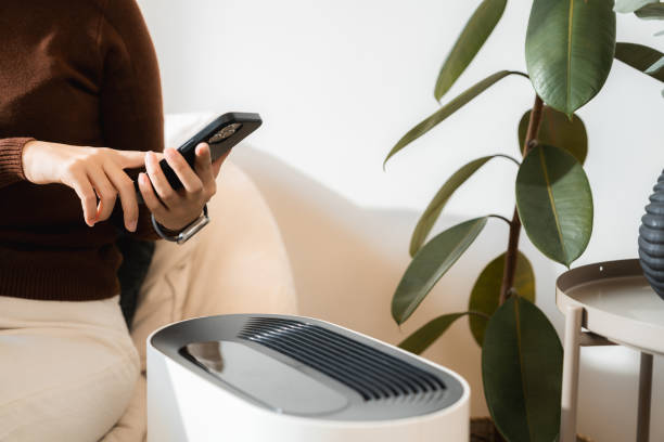 istock Asian woman adjusting an air purifier using smart home system on her phone 2170346015