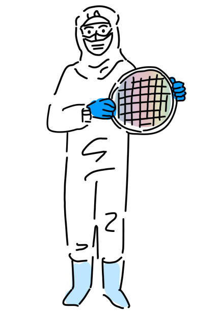 A worker in clean room wear holding a silicon wafer A worker in clean room wear holding a silicon wafer hand drawing illustration, vector clean room stock illustrations