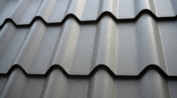 istock Close-up view lightweight galvanised steel roofing sheet. Modular tile effect roof panel. Traditional metal shingle tiles. Popular profiled metallic pantile mimic clay or concrete slate 2170346785