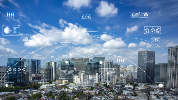 istock Smart city aerial view with transparent data charts and graphs 2170347875