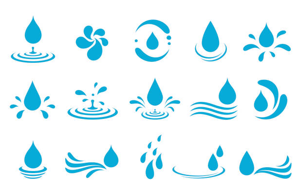water droplets, drop,dribble, splash and wave design elements Set of drops silhouettes, raindrops, splash, sea waves, pouring water, spray icons and design elements fountain stock illustrations