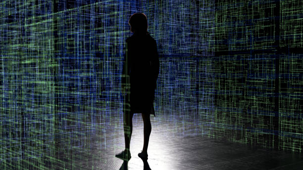 istock Woman standing and immersed in a hologram like display. 2170351918