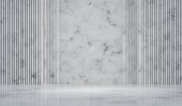 Room, marble floor and wall, backdrop, background, wooden slat wall, modern model style, 3D illustration,
