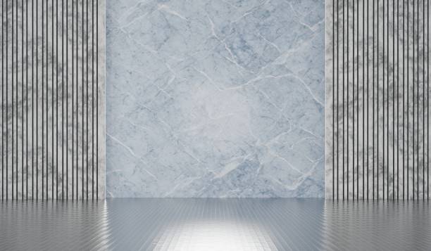 istock Room, marble floor and wall, backdrop, background, wooden slat wall, modern model style, 3D illustration, 2170355326