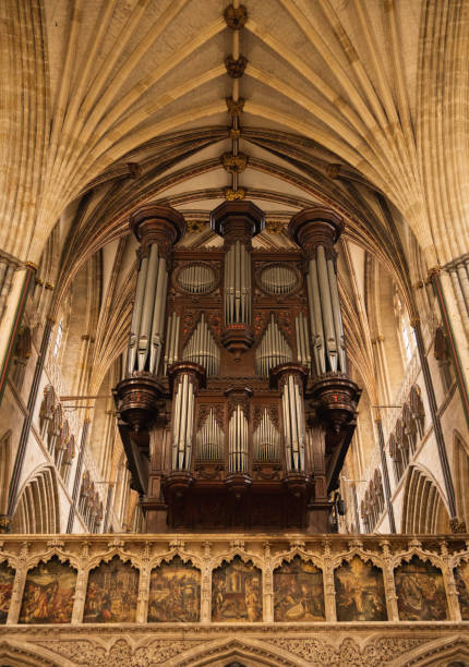 A view of the ancient pipe organ of Exeter cathedral in Devon, UK