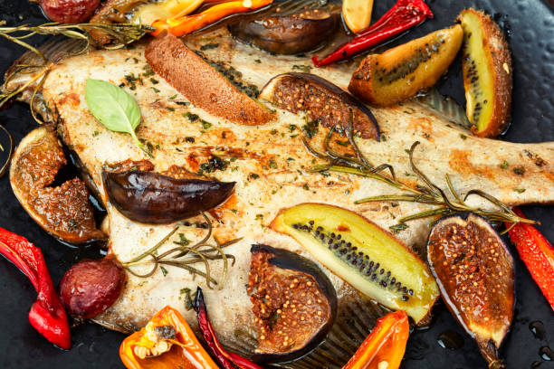 Traditional homemade braised flatfish or flounder. Healthy fish dinner.