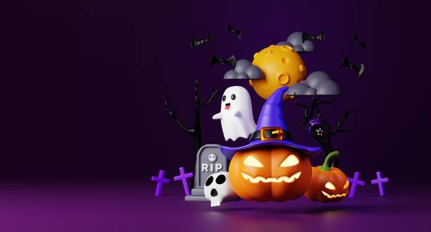 istock Pumpkin, Ghost, Tombstone 3D Illustration, Halloween Character Render for Spooky Themes 2170363195