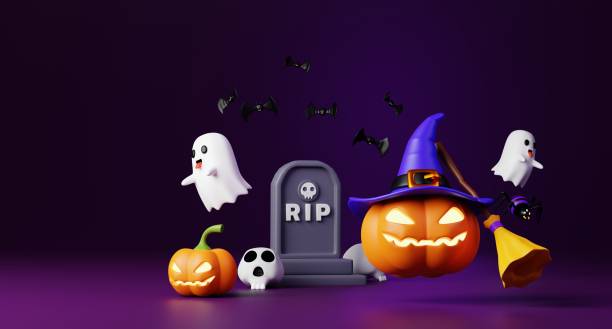 istock Pumpkin, Ghost, Tombstone 3D Illustration, Halloween Character Render for Spooky Themes 2170363314