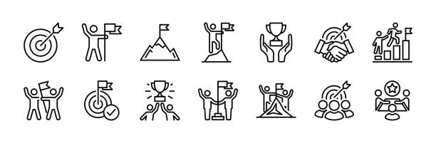 illustrations, cliparts, dessins animés et icônes de ensemble d’icônes de ligne mince d’objectif commercial. contenant cible, flèche, jeu de fléchettes, sommet de montagne, gagnant, réalisation, travail d’équipe, personnes de groupe, coopération, leadership, partenariat, accord, succès. illustra - métier dart