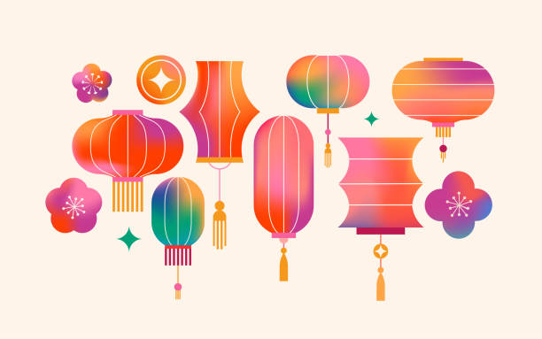 kuvapankkikuvitukset aiheesta chinese new year icons, symbols and decorations. abstract linear design, illustrations. line art lanterns, flowers, clouds and frames. collection of modern minimalist illustrations - lunar-new-year
