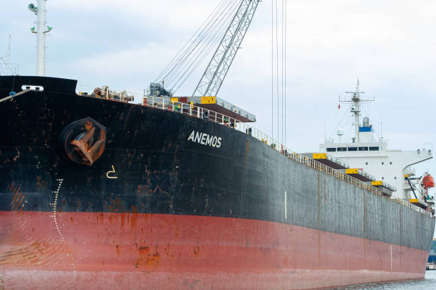 Gdansk, Poland - June 18, 2022: ANEMOS ship in Gdansk. Transhipment operations in the port