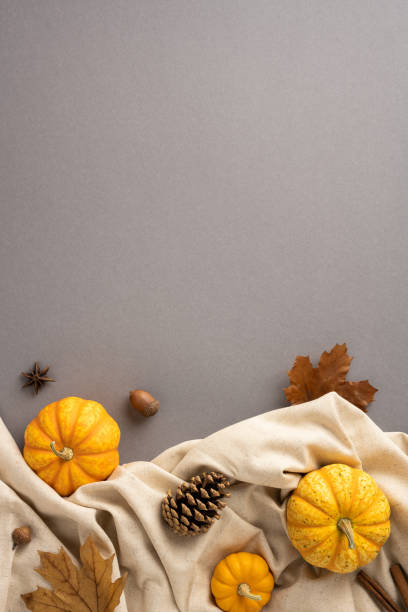 istock Autumn-themed vertical flat lay with small pumpkins, dry leaves, pinecone, and fabric on a neutral background capturing the essence of fall and harvest season 2170375023