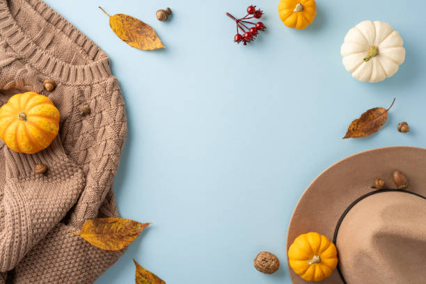 istock Flat lay of autumn elements including pumpkins, a sweater, and a hat on a blue background. Perfect for seasonal and cozy fall themes 2170375111