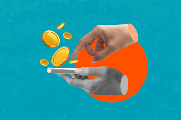 Holding smartphone into a shopping and coin with empty screen in hands on blue background. Art collage digital pop modern art
