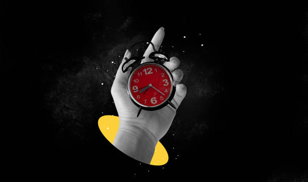 istock Human hand holding alarm clock. Art collage digital pop modern art 2170379025