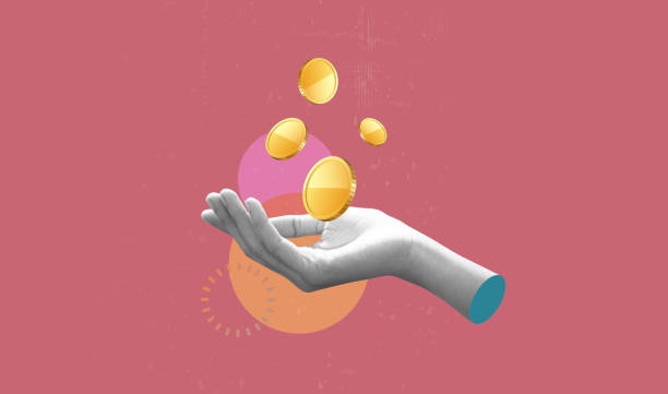 Hands hold dollar coins save money. Art collage digital pop modern art