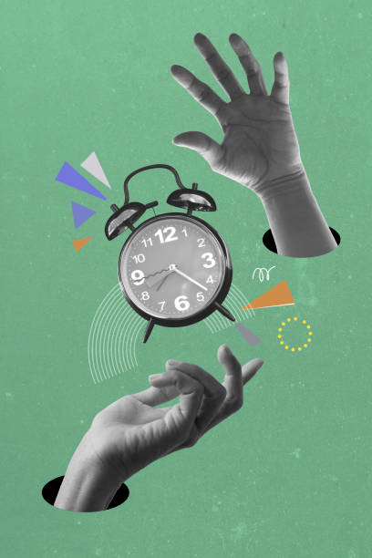 Two hands with a clock on green background. Art collage digital pop modern art