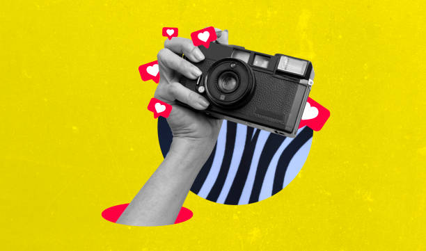 Show hand holding camera, taking photo isolated over blue background. Concept of social media, influence, popularity, modern lifestyle and ad. Art collage digital pop modern art. Camera - Photographic Equipment, Photography, Image Montage, Modern Art, Composite Image, Art, Retro Style, Hand, Retro and vintage, Abstract, camera covers pictures stock pictures, royalty-free photos & images