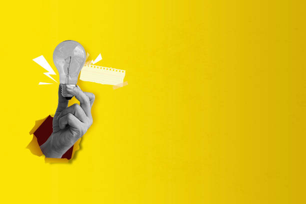 istock Hand holding light bulb on yellow vintage background. Art collage digital pop modern art 2170379203