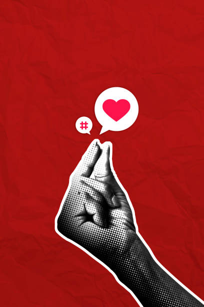Black white effect hand showing heart symbol give like notification isolated on red color background. Art collage digital pop modern art