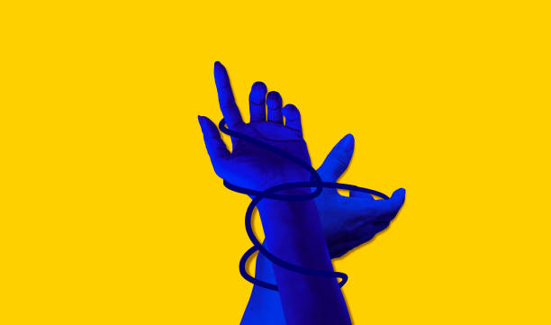 istock Painted blue two hands aesthetic Network connection on yellow background. Art collage digital pop modern art 2170379688