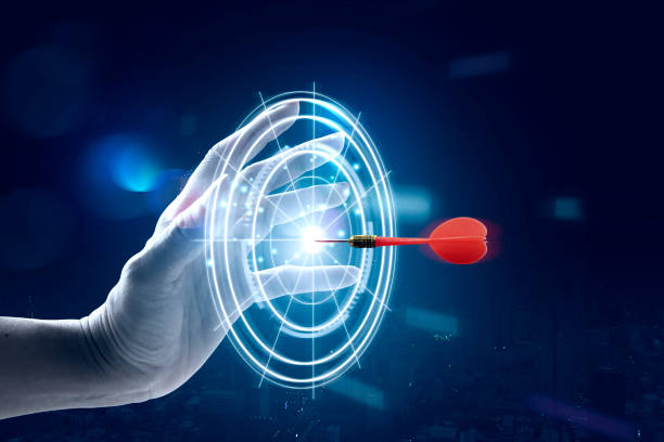 istock Businessman touch on arrow dart to virtual target dart board 2170379957