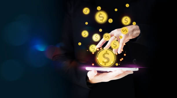 istock Businesswoman hand with coins falling and sprout in network connection 2170380014