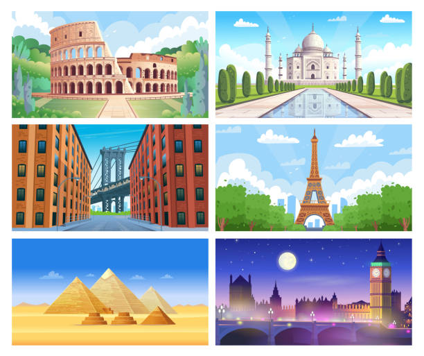 Set of colorful beautiful postcards with landmarks. Famous buildings: eiffel tower, coliseum, taj mahal, Egyptian Pyramids, brooklyn bridge, Big Ben. Hand drawn cartoon vector Illustration.