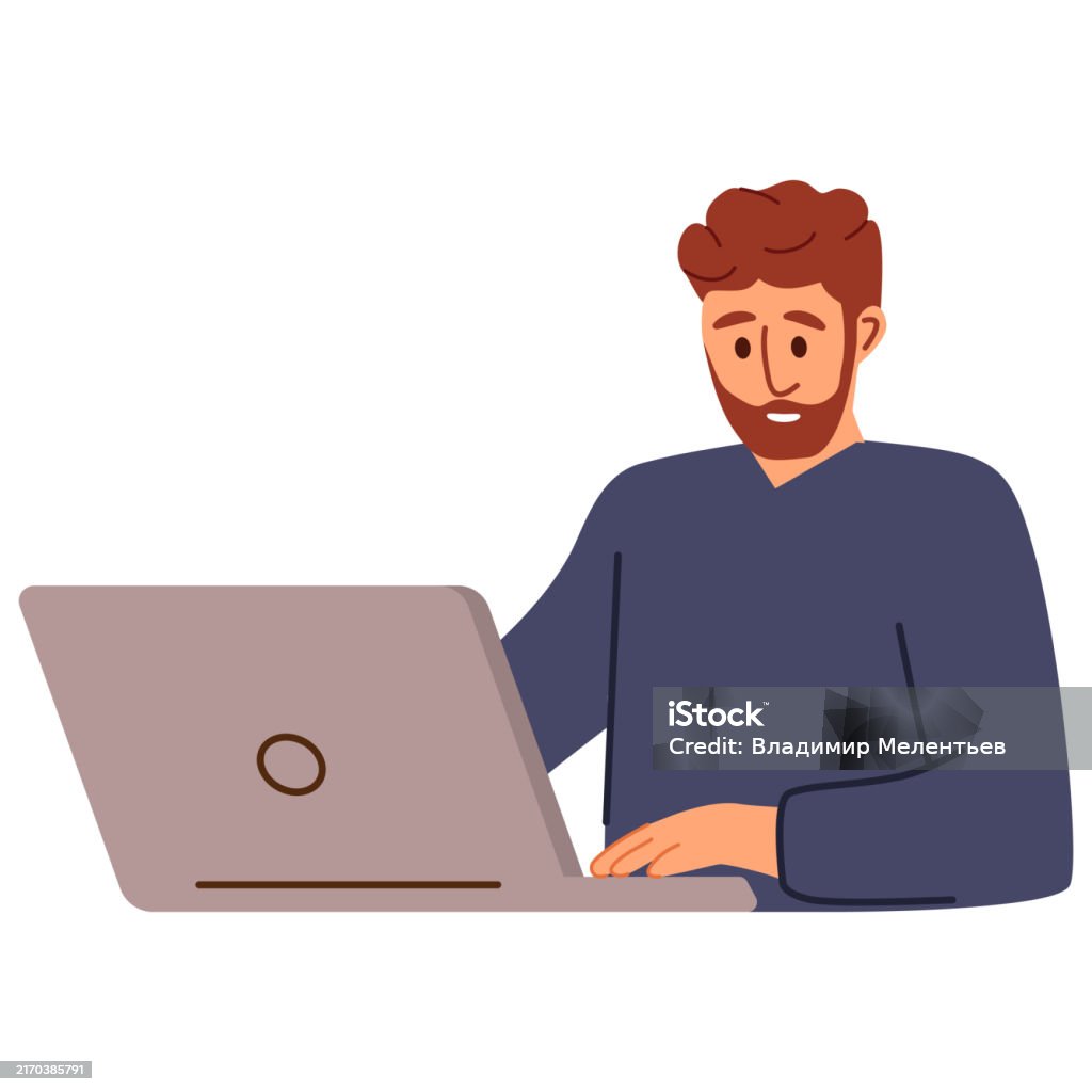 Office Worker Man Is Working At His Laptopvector Illustration ...