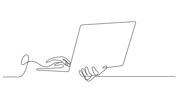 hand using laptop one line drawing continuous online working hand using laptop computer online working and communication one line drawing continuous vector minimalist art typing on computer keyboard stock illustrations