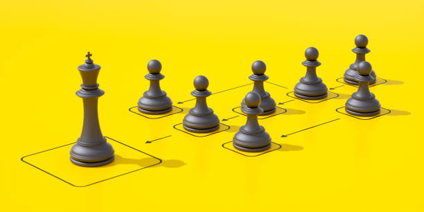 istock Leadership and Hierarchy Concept with Black Pawns Connected in Organizational Structure Leading to a Large King, 3D Rendering 2170394898