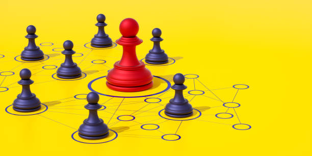 istock Chess Pieces Connected by Lines to a Red Leader Piece on a Yellow Background, Representing Social Connections and Community Interactions, 3D Render 2170394946