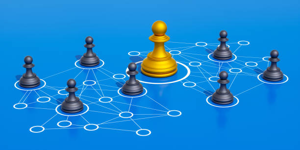 istock Chess Pieces Connected by Lines to a Gold Leader Piece on a Blue Background, Representing Social Connections and Community Interactions, 3D Render 2170394954