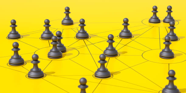 istock Link Connection Network for Organizational Structure: Black Pawns Connected by Arrows in Social Network and Teamwork Concept - 3D Rendering 2170394996
