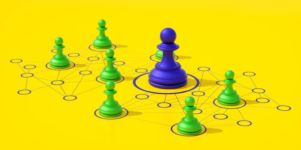 istock Chess Pieces Connected by Lines to a Gold Leader Piece on a Blue Background, Representing Social Connections and Community Interactions, 3D Render 2170395019
