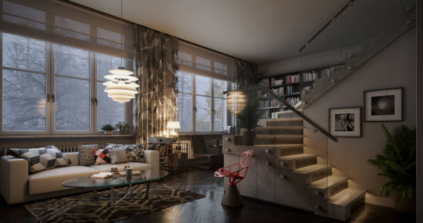istock Modern Cozy Living Room with Glass Staircase and Soft Lighting 2170398877
