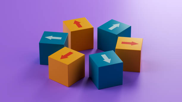 istock Geometric composition with cubes, sharp shadows, light background, vibrant colors, high contrast. 3D render. Winning Strategy, Efficiency, Innovation in Business Concept, Teamwork and Leadership. 2170399658