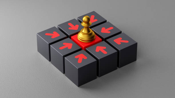 istock 3D render, golden chess pawn, central focus, surrounded by black cubes, red arrows, strategic concept, decision making, leadership, minimalist design, high contrast, clean background, modern aesthetic, symbolic representation. 2170400121