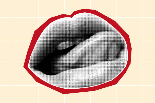 istock Halftone collage banner, paper cut mouth. Magazine sticker with red border 2170413425