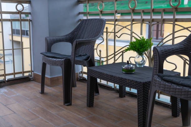 istock Metal ashtray on table on balcony 2170413429