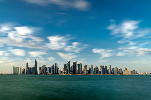 Doha, Qatar - September 01, 2024: The Panoramic skyline of Doha, Qatar during sunrise