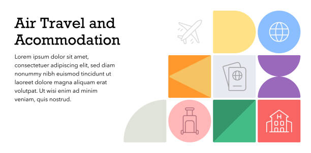 Air Travel and Accommodation Concept Bauhaus Style Web Banner Design with Simple Editable Stroke Line Icons. This design is suitable for use on websites, in presentations, reports, magazines, and brochures.