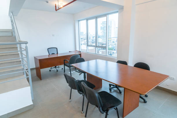 istock Spacious white office floor with exterior visa and fire protection system 2170431028