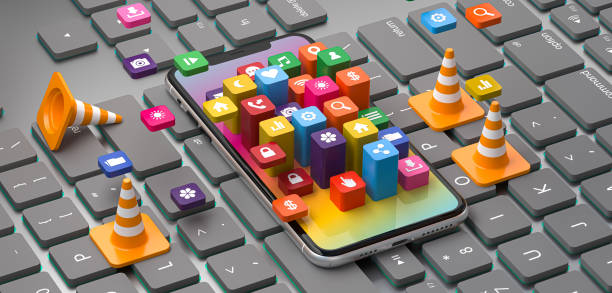 Smartphone on keyboard, 3D app icons, colorful blocks, traffic cones, digital landscape, technology concept, isometric design, vibrant colors, social media symbols, software development, mobile applications, computer peripherals, modern tech illustration, high detail, crisp rendering, contrast lighting, geometric shapes, user interface elements, creative composition, surreal tech blend