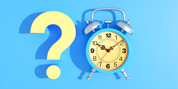 istock 3D render, large yellow question mark, blue alarm clock, bright blue background, minimalist design, time concept, curiosity, uncertainty, vibrant colors, clean aesthetic, symmetrical composition, graphic design style, high contrast, symbolic imagery. 2170437413