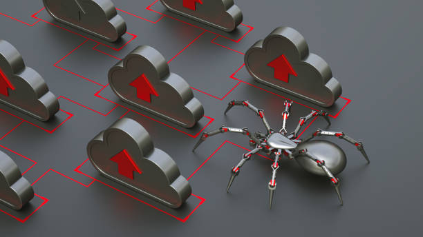 3D render of cloud computing icons with metallic clouds, red upload arrows, robotic spider, interconnected network, dark gray background, cybersecurity concept, futuristic technology, sci-fi aesthetic, data transfer visualization.