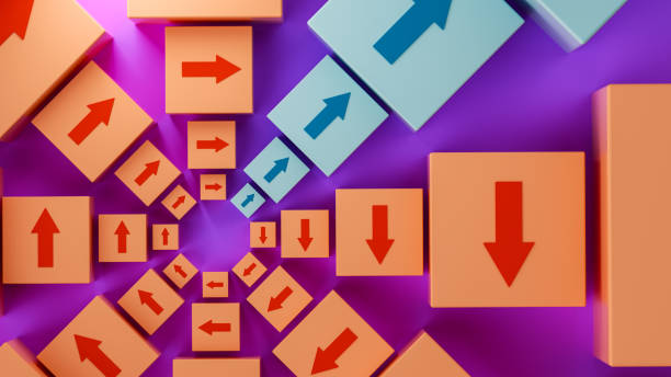 istock Geometric composition with cubes, arrow icon, light background, abstract concept, leadership metaphor, standing out from the crowd, 3D rendering, clean design, simplicity, stock image style. 2170438679
